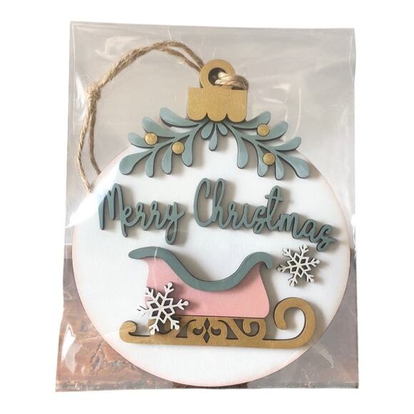 Whimsical  Merry Christmas Holly Snowflake Sled Ornament Hand Painted Wood - Picture 8 of 9
